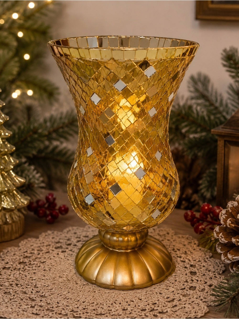 PartyLite Gold Mosaic Glass Tile Hurricane Candle Holder